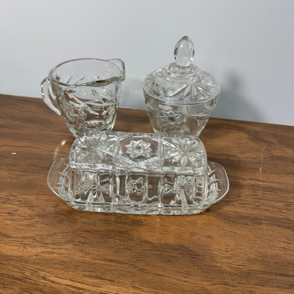 Vintage Starburst Pressed Glass Butter Dish Creamer and Sugar Bowl Set Clear MCM